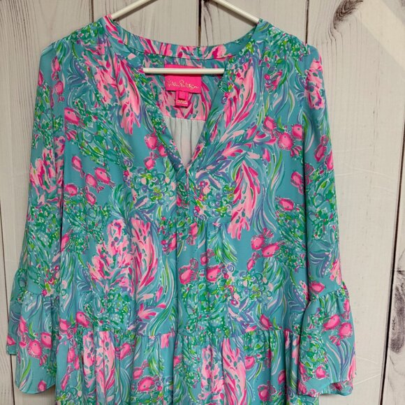Lilly Pulitzer Gabriel Dress 4 Amalfi Blue Best Fishes Tiered EUC - Picture 2 of 11